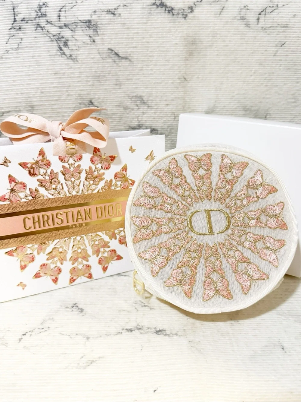 Dior Beauty Pink and Gold Butterfly Embroidered Round Pouch w/ Matching Gift Bag